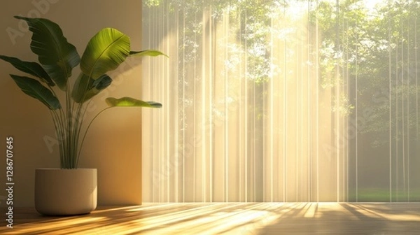 Fototapeta Sunlight streams through a window, illuminating a vibrant green plant in a decorative pot, creating a serene indoor atmosphere.
