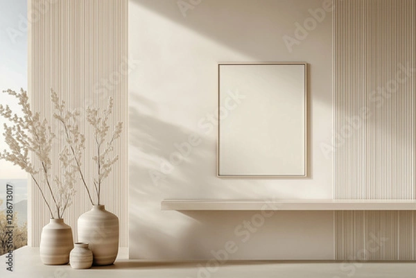 Obraz Vases with decorative branches in modern interior. Interior design with vases and frame on the wall. Modern decor with vases and decorative elements