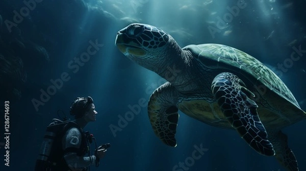 Fototapeta A diver interacting with a friendly sea turtle, right empty space, light seafoam background,generative ai illustration