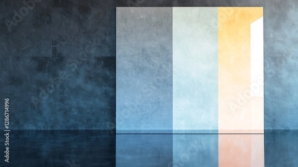 Fototapeta Abstract doorway glows softly warm light reflecting cool blue floor. AI Generated