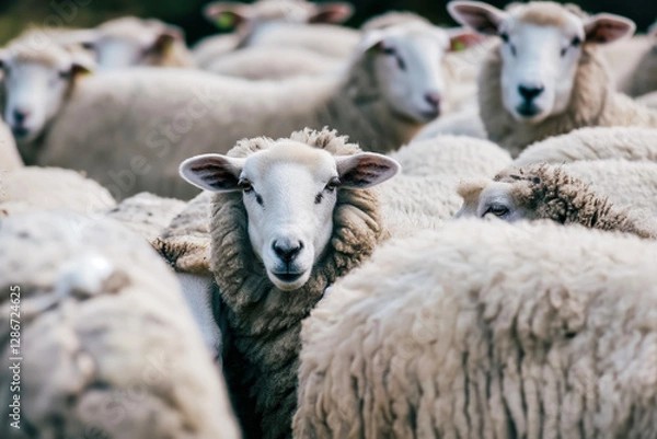 Fototapeta Curious sheep stands out in flock of woolly companions in pastoral setting