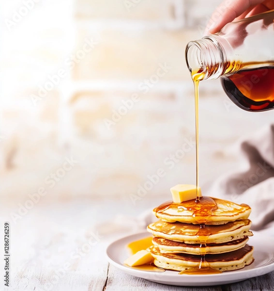 Obraz Stack of pancakes with syrup and fruit, healthy breakfast, pancake Tuesday