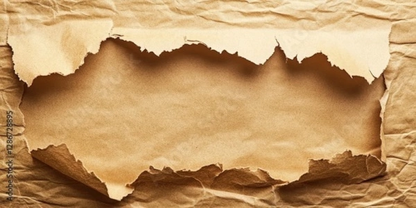 Fototapeta A torn piece of paper rests on a surface, showcasing jagged edges and a raw texture, symbolizing fragmentation and imperfection.