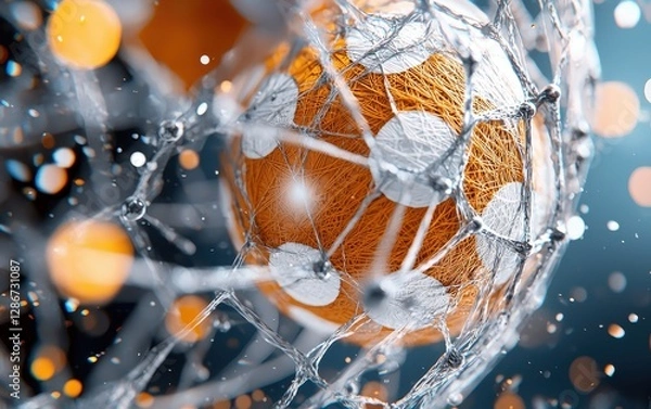 Fototapeta Abstract Orange Soccer Ball in Net with Water Splashes Artistic 3D Render