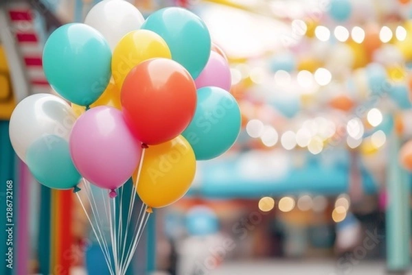 Fototapeta A cluster of colorful balloons stands against a blurred festive background, creating a vibrant and joyful atmosphere.