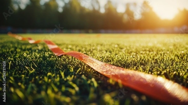 Fototapeta Exciting track and field finish as a runner bursts through the finish line ribbon, captured in slow-motion intensity.