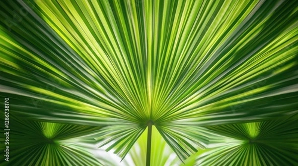 Fototapeta Close-up of vibrant green palm leaves showcasing intricate patterns and textures.