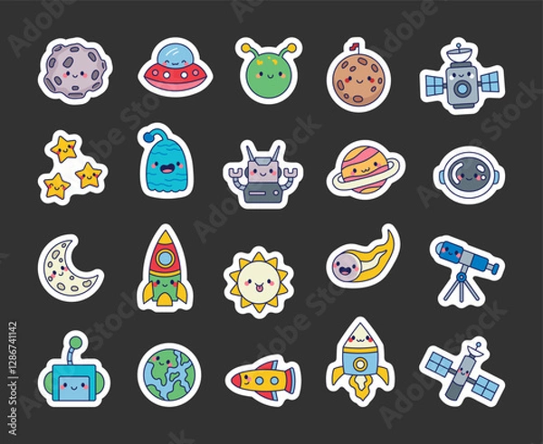 Fototapeta Space set with a mysterious UFO, a drifting asteroid, a curious alien, a powerful satellite, twinkling stars, a blazing comet, a futuristic robot, Earth, a spaceship, and a thrilling adventure.