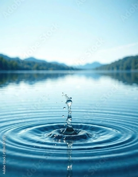 Obraz Water splashes in mid-air as a droplet hits the surface of a calm lake on a clear blue sky day , fluid motion , serene landscape, ripples on water