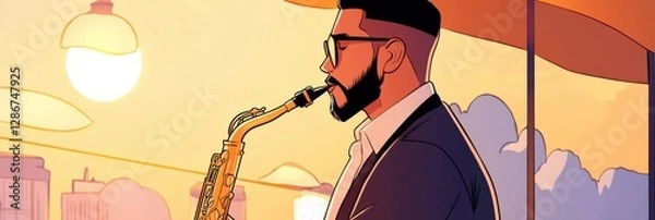 Fototapeta Musician captivates guests at street cafe while playing saxophone in warm lamplight