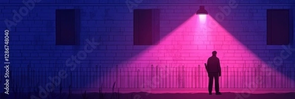 Fototapeta Mysterious night security guard patrols dark building with flashlight