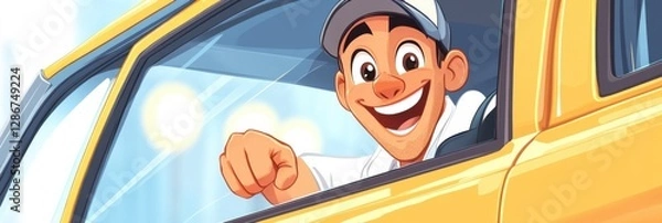 Obraz Smiling taxi driver in a yellow cab with glowing streetlights at night