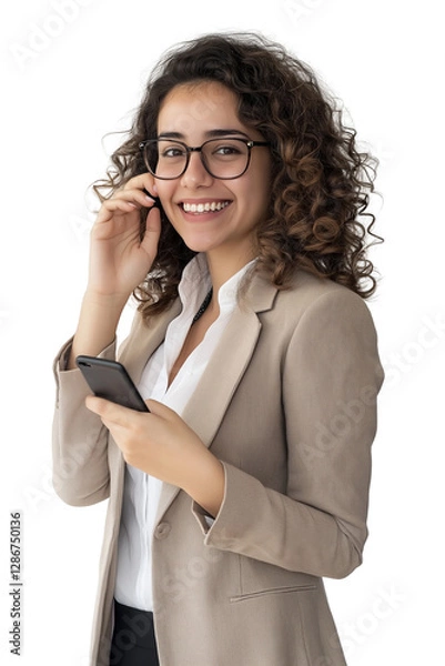 Fototapeta Portrait of Smiling Businesswoman in Beige Blazer with Curly Hair and Glasses Talking on Phone and Using Smartphone Isolated on white transparent background. png