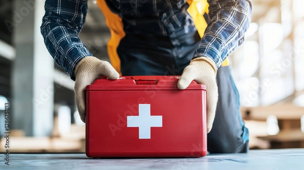 Fototapeta Construction site worker safety and first aid kit. A worker placing a red first aid kit on a table, emphasizing safety and preparedness in a construction environment.