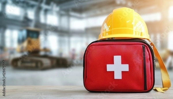 Fototapeta Construction site worker safety and first aid kit. First aid kit and yellow hard hat on a worksite table, highlighting safety and preparedness in construction environments.