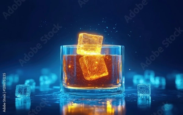 Fototapeta Floating golden whiskey old fashioned with glowing sugar cube on deep blue background Saint Patrick Day