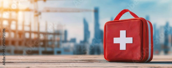 Fototapeta Construction site worker safety and first aid kit. A red first aid kit stands prominently in a cityscape, symbolizing health and safety in an urban environment.