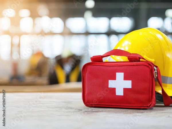 Fototapeta Construction site worker safety and first aid kit. A red first aid kit and yellow hard hat on a work surface, symbolizing workplace safety and health preparedness.