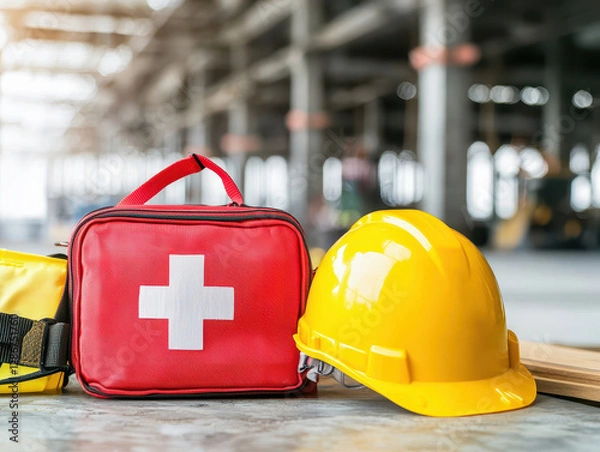 Fototapeta Construction site worker safety and first aid kit. First aid kit and hard hat on a construction site, emphasizing safety and preparedness in the workplace.