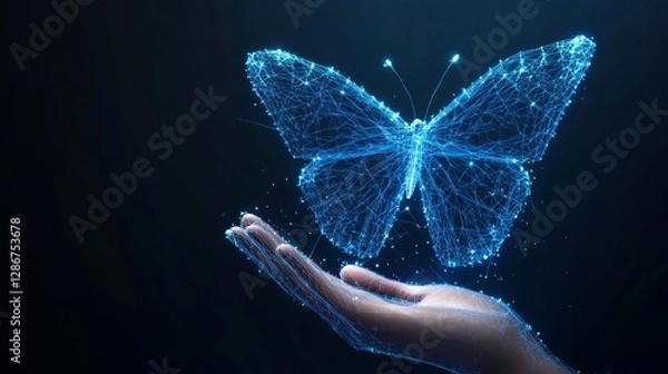 Fototapeta A digital butterfly emerging from a hand representing transformation innovation and futuristic technology in a holographic wireframe style
