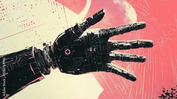 Fototapeta A retrostyle digital collage featuring a robot and human hand interacting representing artificial intelligence and machine learning concepts
