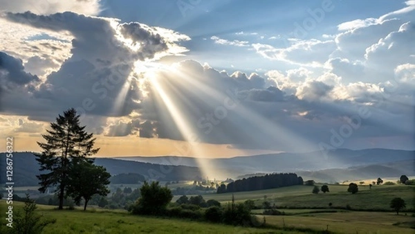 Fototapeta The sunlight glistens through the clouds, creating a ray of hope and symbolizing the presence of a higher power.