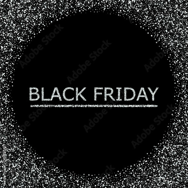 Fototapeta Black Friday on black background with silver dust, design element. Black Friday Sale wide elegant banner