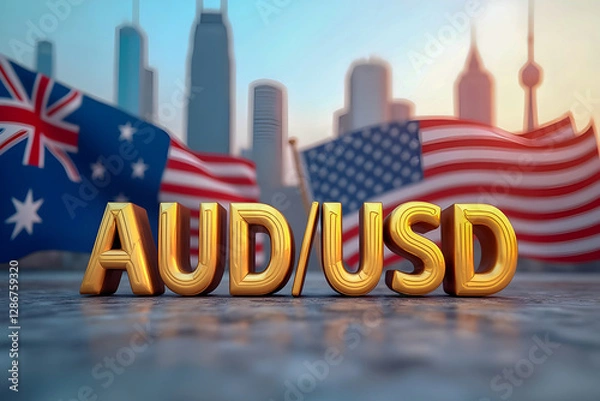 Obraz Gold volumetric letters AUD/USD against the background of a cityscape with high-rise buildings and the flags of the USA and Australia. Currency market. Finance.