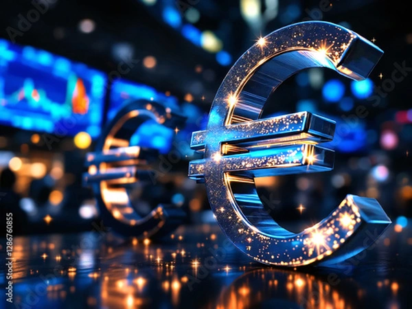 Obraz Shiny metallic euro symbol against the background of stock charts. Finance, investment and currency market concept.