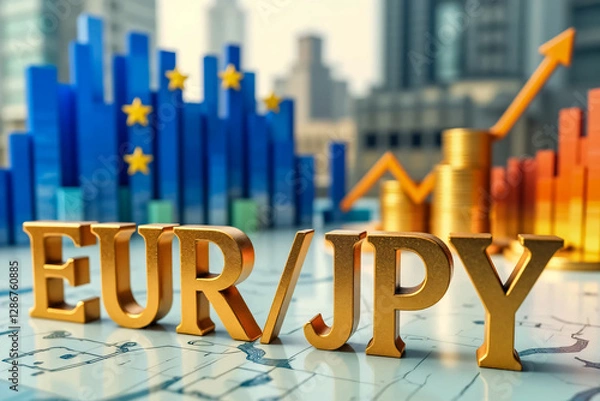 Obraz Gold volumetric letters EUR/JPY against the background of the EU flag, coins and stock charts. Currency market. Finance