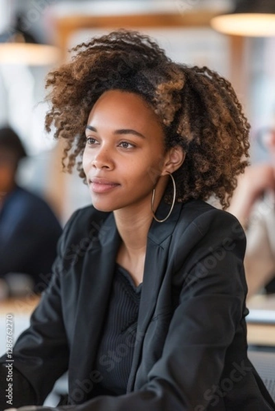 Fototapeta A woman with curly hair and large hoop earrings looks pensive while seated at a work meeting. She is dressed in a black blazer and is surrounded by colleagues in a contemporary office setting
