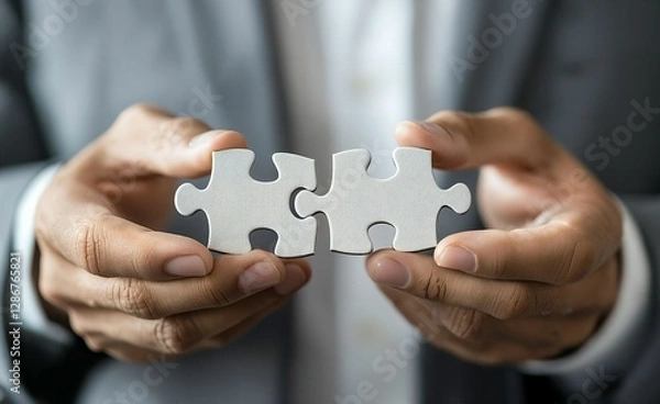 Fototapeta Delicate Hands Merging Interlocking Puzzle Pieces in a Muted Professional Setting