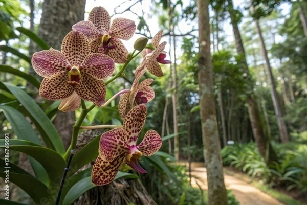 Fototapeta Unique and colorful Dendrobium orchid with striking leopard print patterns on its petals in a forest environment, rare orchids, exotic flowers, yellow and black colors, leopard print flowers
