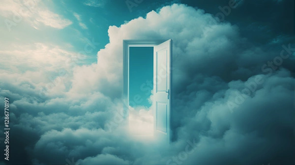 Fototapeta Heaven resurrections door. Ascension to the kingdom of heavens with closed doors. Door to heaven to the afterlife. Majestic shiny golden gate of heaven with fluffy clouds. Closed doorway to heaven