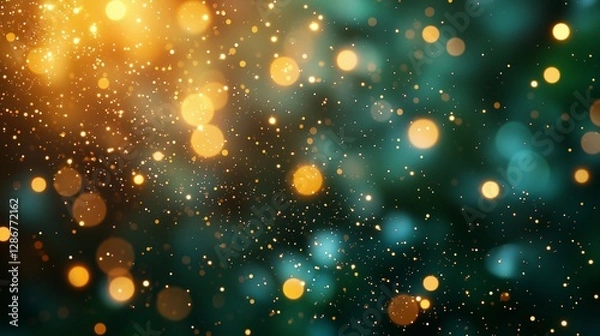 Obraz Festive bokeh background with golden lights sparkle on deep green background, vibrant sapphire dots blend with amber glow, subtle shimmer enhances magical atmosphere, evokes celebration and joy