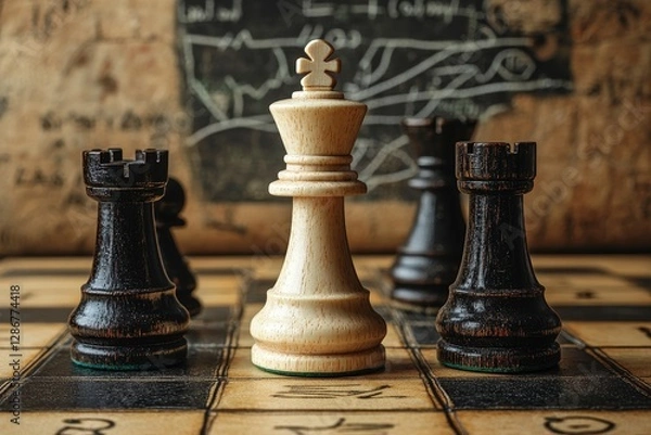 Fototapeta A classic strategy board serves as the background for a set of black and white chess pieces in a traditional design