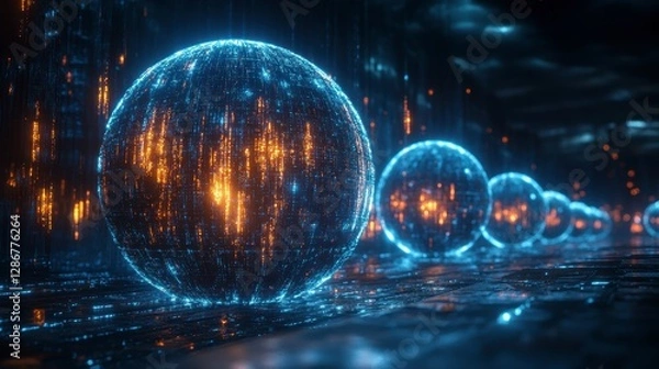 Fototapeta Data spheres lined up creating a futuristic digital world
