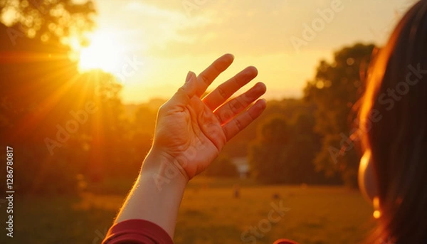Obraz A hand reaching toward the setting sun, symbolizing the need for sunlight to improve mood, combat fatigue, and boost vitamin D levels.