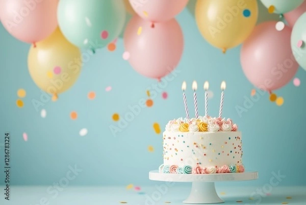 Fototapeta Birthday Cake with Lit Candles and Balloons in the blue  Background. A beautifully decorated birthday cake with lit candles, surrounded by pastel balloons and confetti for a festive atmosphere