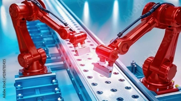 Fototapeta Automation factory and AI integration, Robotic arms assembling components on a modern production line.