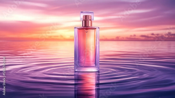 Fototapeta Premium Perfume Bottle Placed on Gradient Background from Purple to Rose Gold, Soft Ambient Lighting Highlighting the Elegant and Chic Fragrance Composition