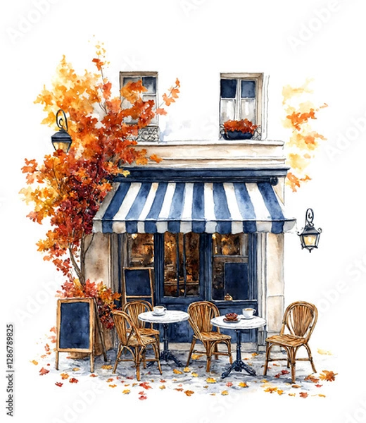 Fototapeta A charming watercolor illustration of a Parisian cafe with a blue and white striped awning, outdoor seating, and a vibrant orange tree, capturing the essence of a cozy autumn day in Paris.