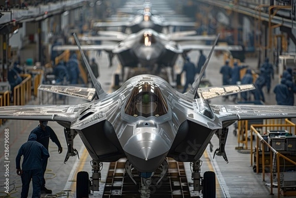 Fototapeta Workers diligently assemble advanced fighter jets inside a large manufacturing facility. The atmosphere is focused on precision and teamwork, showcasing cutting-edge technology and engineering