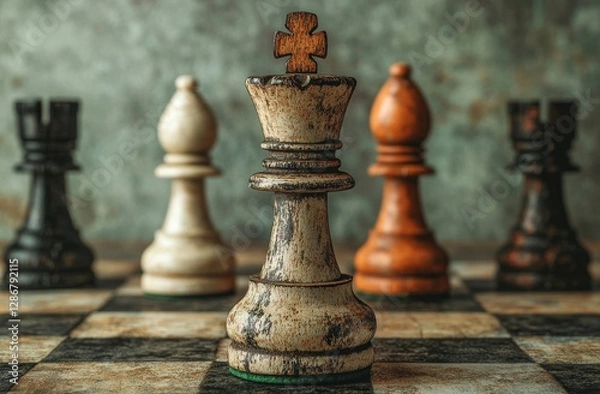 Fototapeta The concept of business ideas and competition is likened to a battle on a chess board game, incorporating strategy ideas, with chess figures set against a dark background