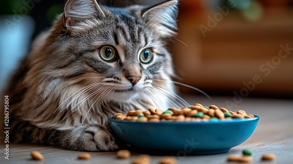 Fototapeta A focused cat watches its food from a bowl, with captivating green eyes and fluffy fur, embodying curiosity and anticipation in a cozy domestic environment that feels inviting.