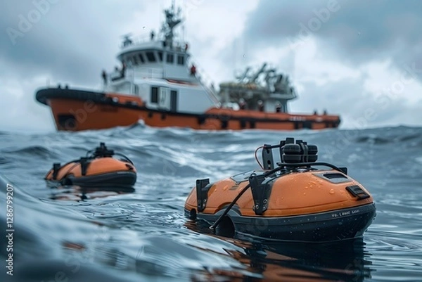 Fototapeta Two unmanned underwater vehicles navigate the ocean waves close to a research vessel. The cloudy sky adds a dramatic backdrop to this advanced marine exploration