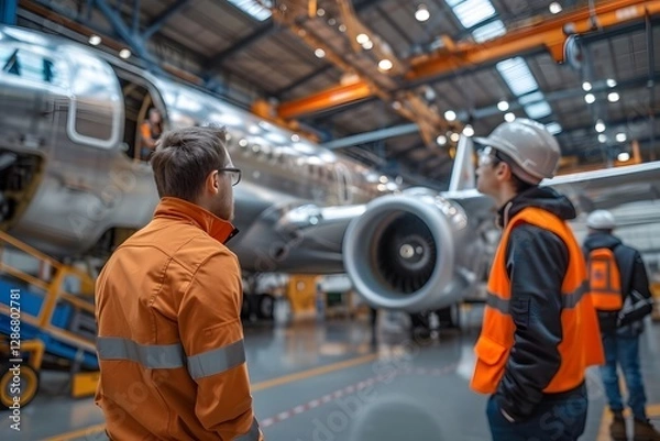 Fototapeta Two technicians wearing safety gear observe the intricate details of an aircraft during maintenance at an aerospace facility. The environment is busy and filled with advanced equipment