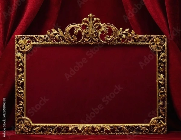 Fototapeta Ornate gold frame with intricate designs against a rich red velvet backdrop.