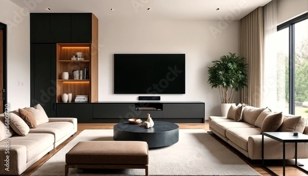 Fototapeta A modern living room with white walls and light-colored wood floors.