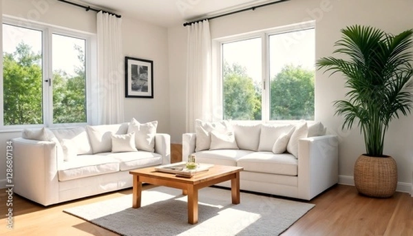 Fototapeta A living room with natural lighting featuring a white couch and coffee table.
